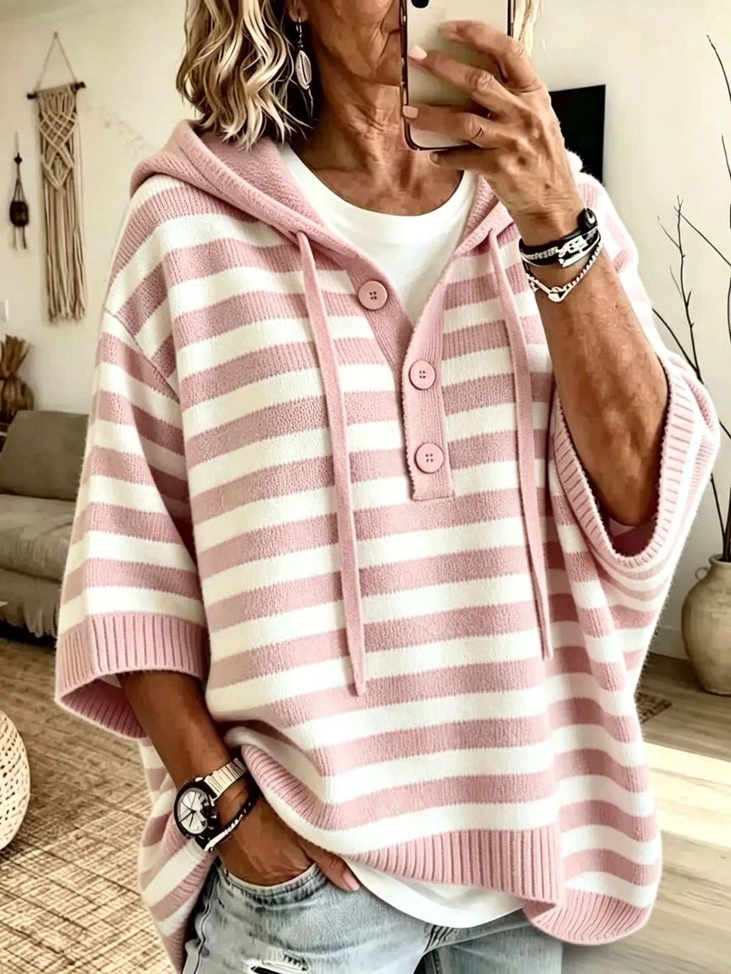 Kapuzen-Strickpullover mit Kordelzug