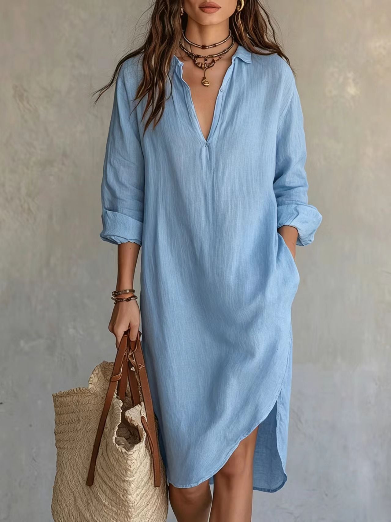 Leinen-Bluse Kleid mit Schlitz