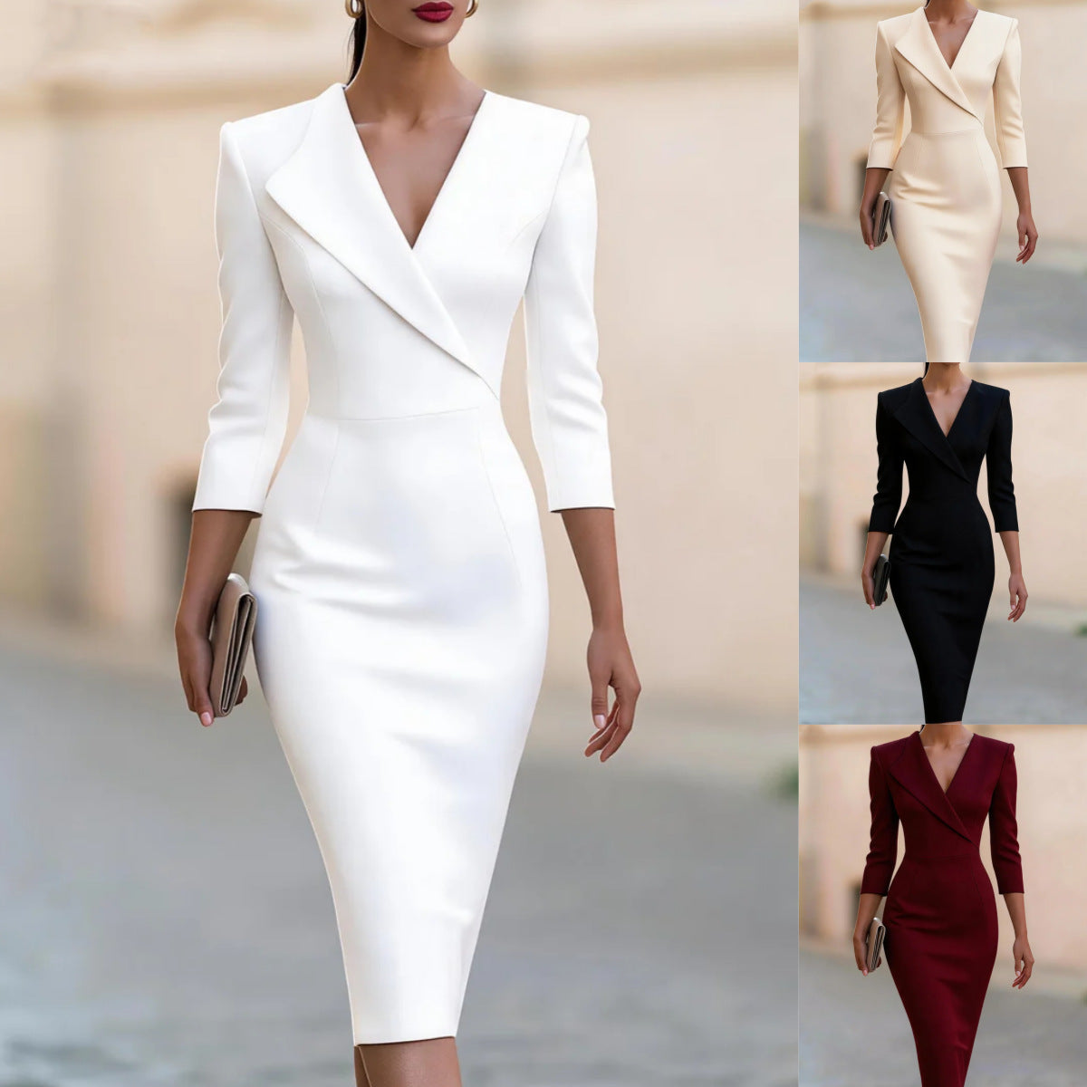 Dreiviertelärmel Taille betonendes Midi-Abendkleid