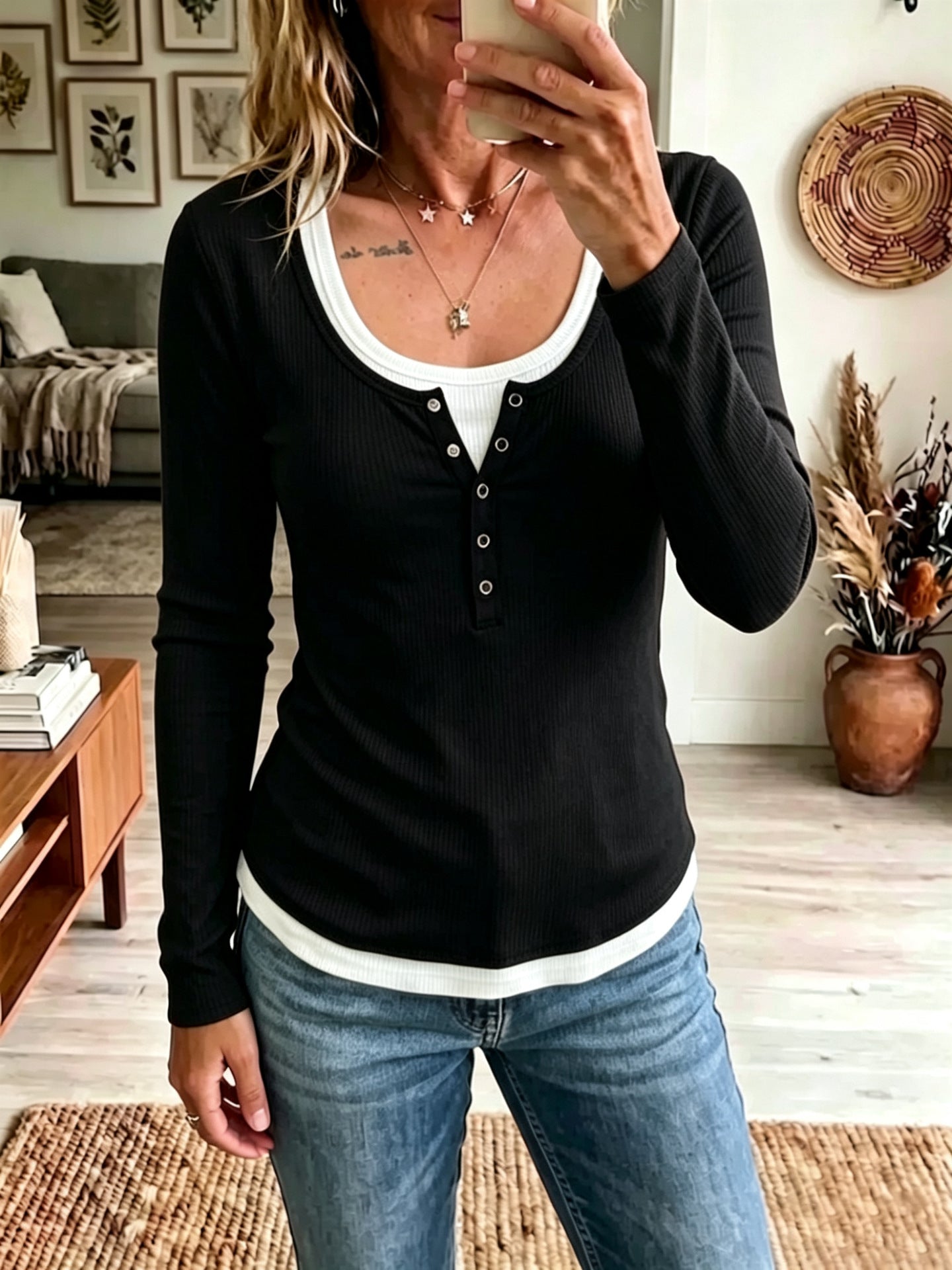 Damen Color-Block Langarm-Shirt mit Slim Fit – 2-Tonig