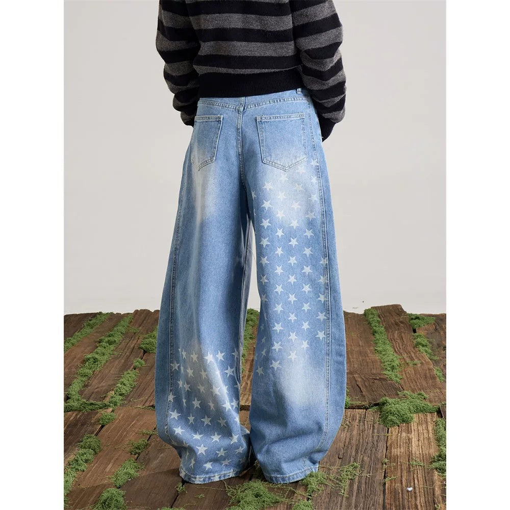 Retro Star-Print Jeans mit weitem Bein – Ansicht 2