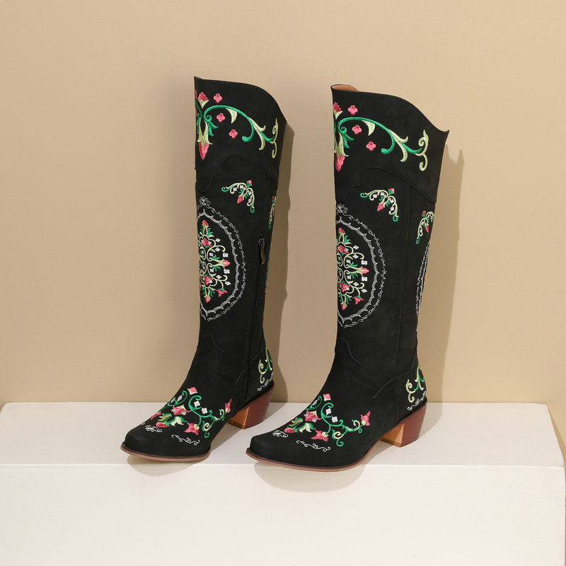 Chunky-Heel Retro Western Mid-Calf Boots