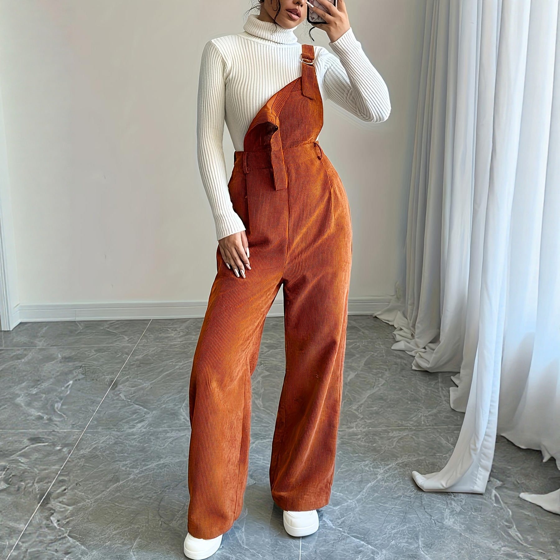 Corduroy Loose Straight Bib Pants Damen