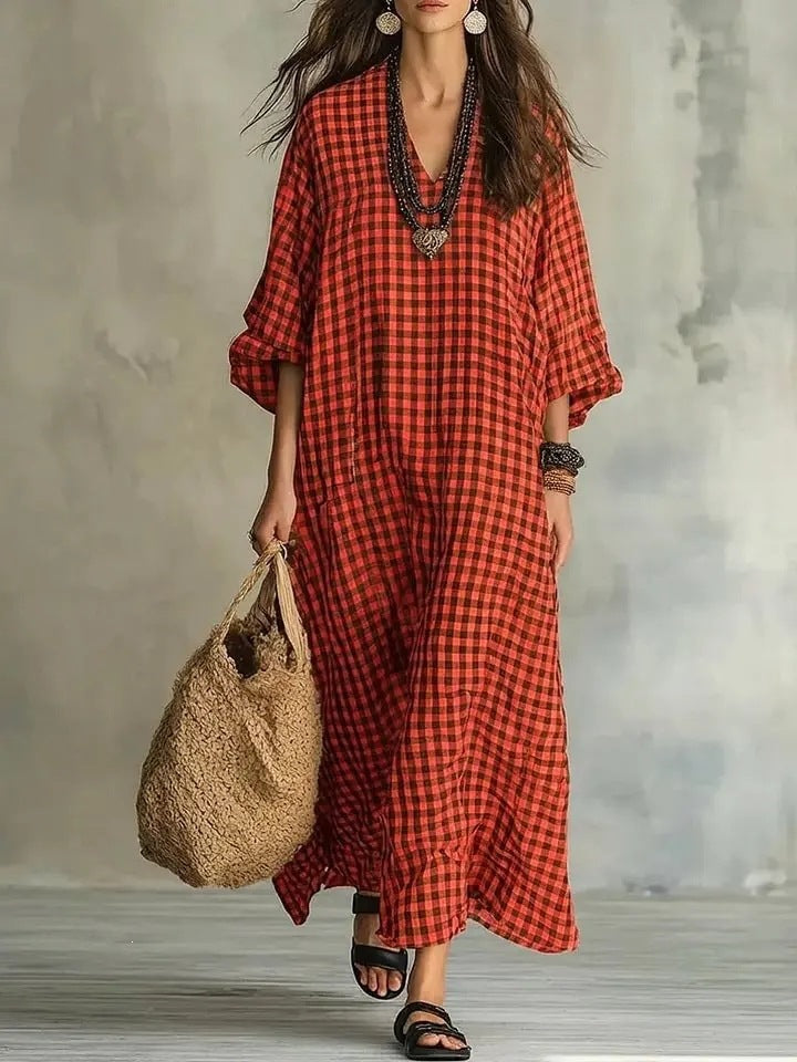 Retro Karo Leinenkleid für Damen