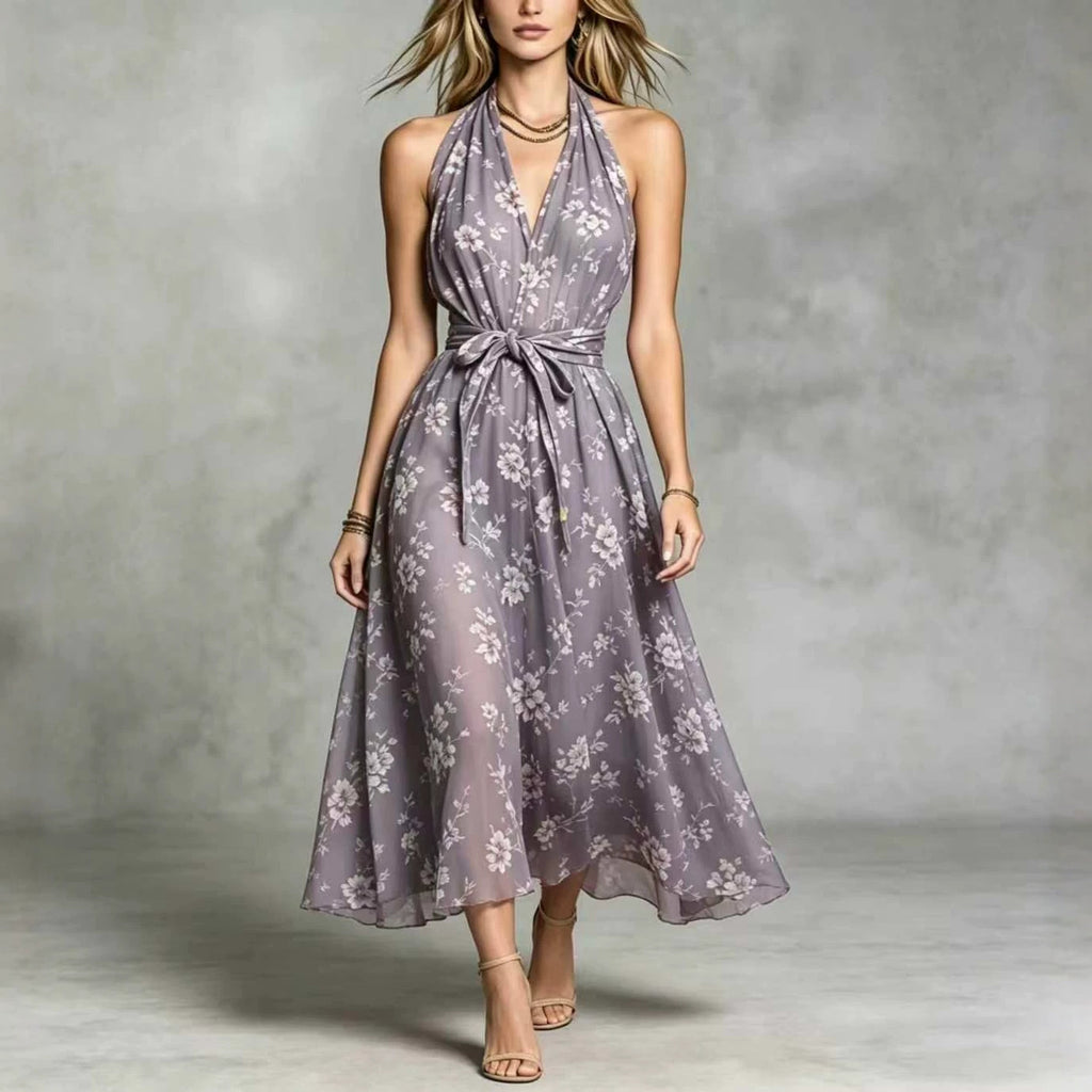 Damen V-Ausschnitt Maxikleid mit Blumenmuster & Schleife – Bild 3 | LuxeStyle