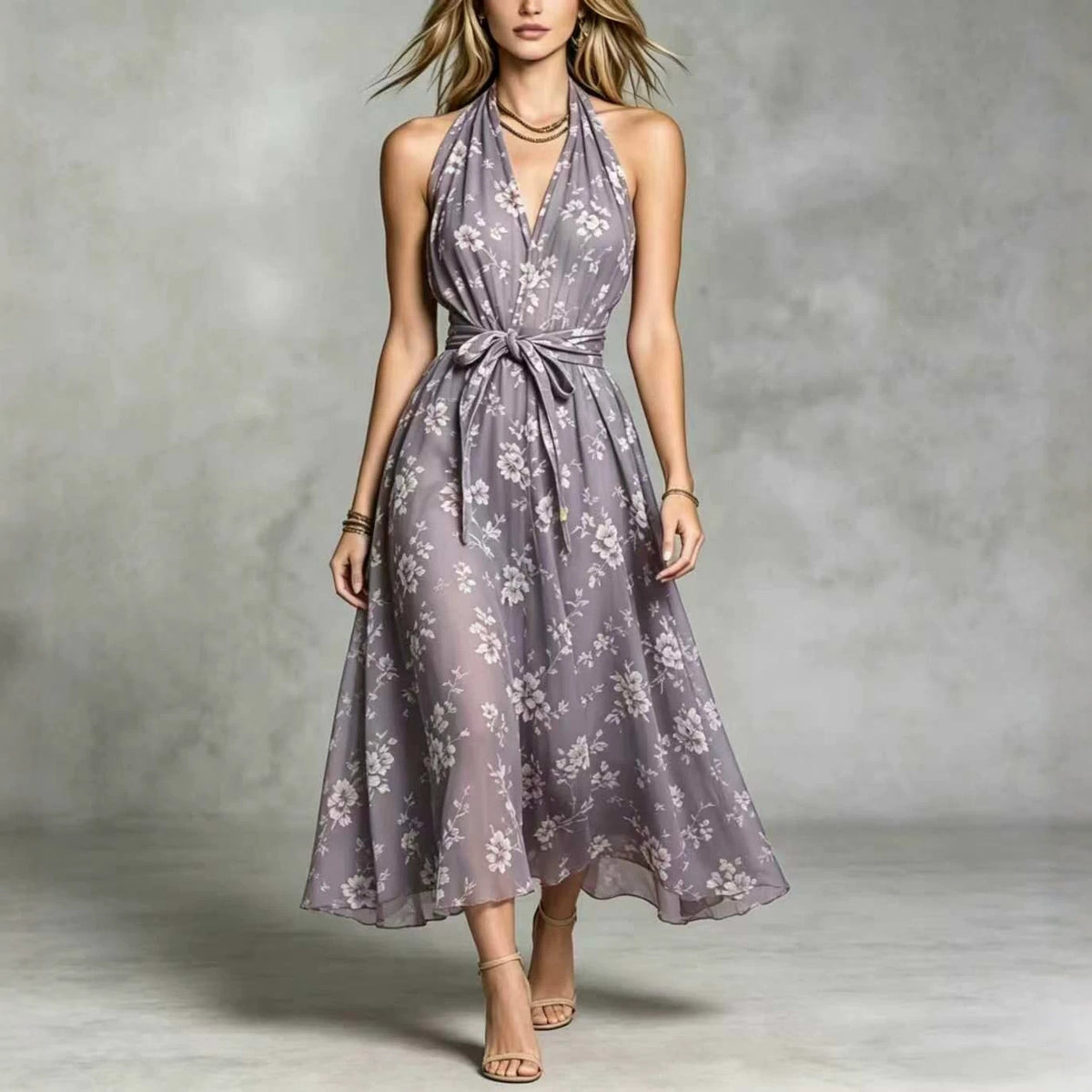 Damen V-Ausschnitt Maxikleid mit Blumenmuster & Schleife – Bild 3 | LuxeStyle