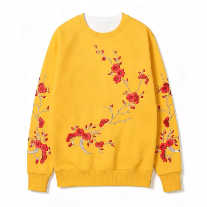 Schwarzes Sweatshirt mit rotem Pflaumenmuster