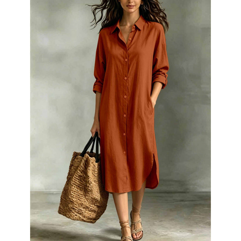 Leinen-Baumwoll Hemdblusenkleid mit Taschen – Bild 6 | LuxeStyle