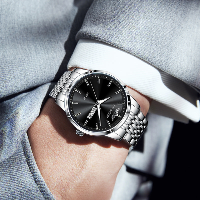 Schlankes Business Armband mit Doppeldatum, wasserdicht und automatisc