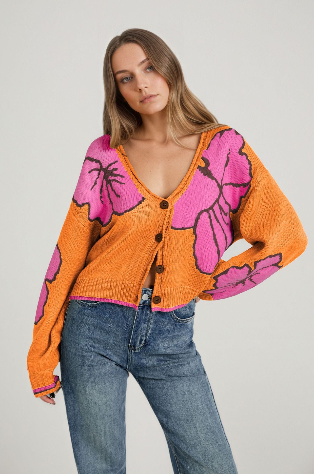 Jacquard Color-Block Strick-Cardigan für Damen