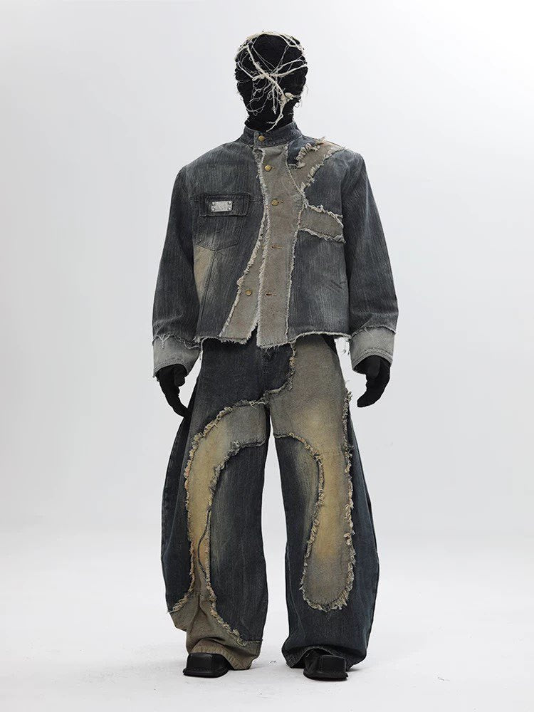 Vintage Patchwork Distressed Jeansjacke für Herren