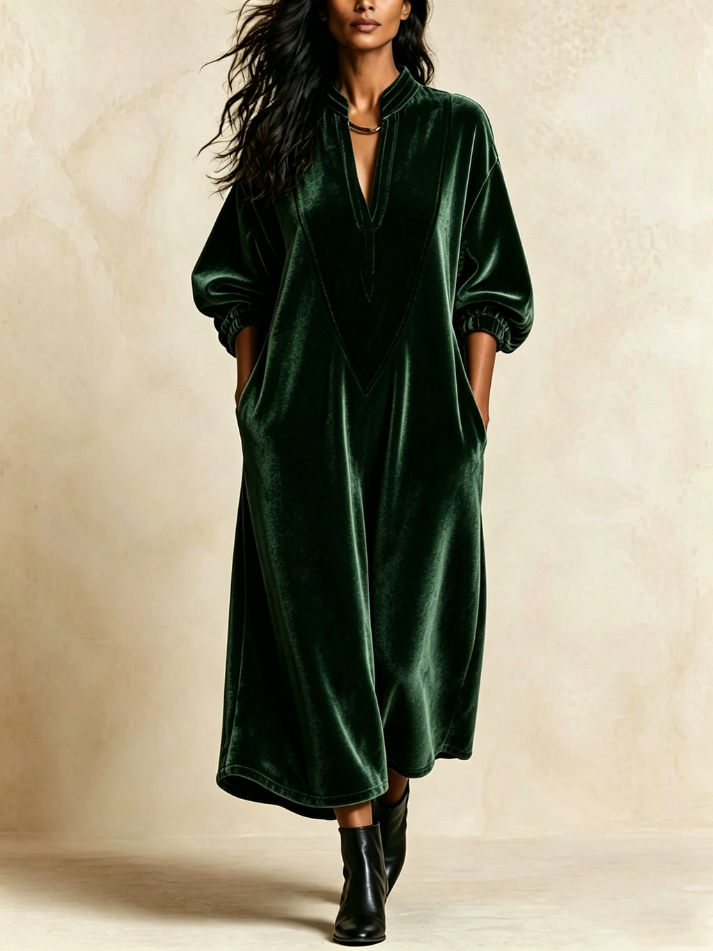 V-Ausschnitt Midi-Kleid mit Puffärmel, schwarz – Bild 5 | LuxeStyle