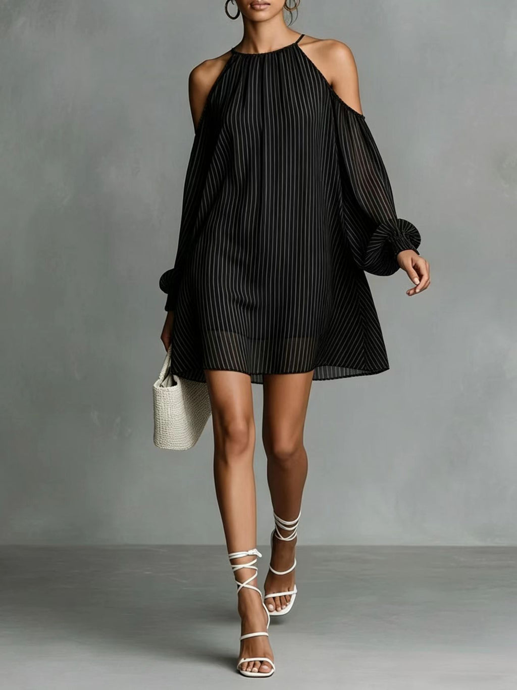 Off-Shoulder Gestreiftes Kurzarmkleid