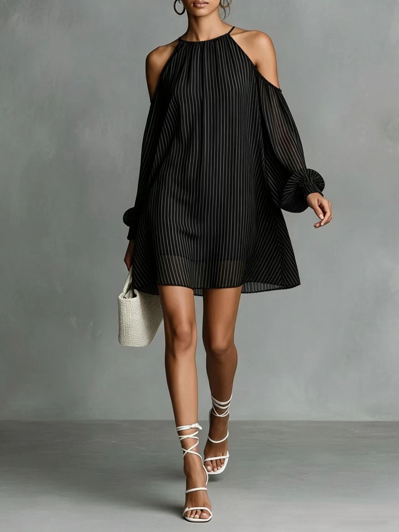 Off-Shoulder Gestreiftes Kurzarmkleid