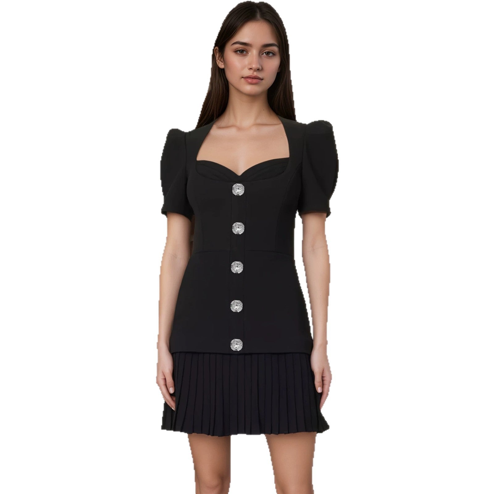 Elegantes Plissiertes V-Neck Kurzarm-Kleid