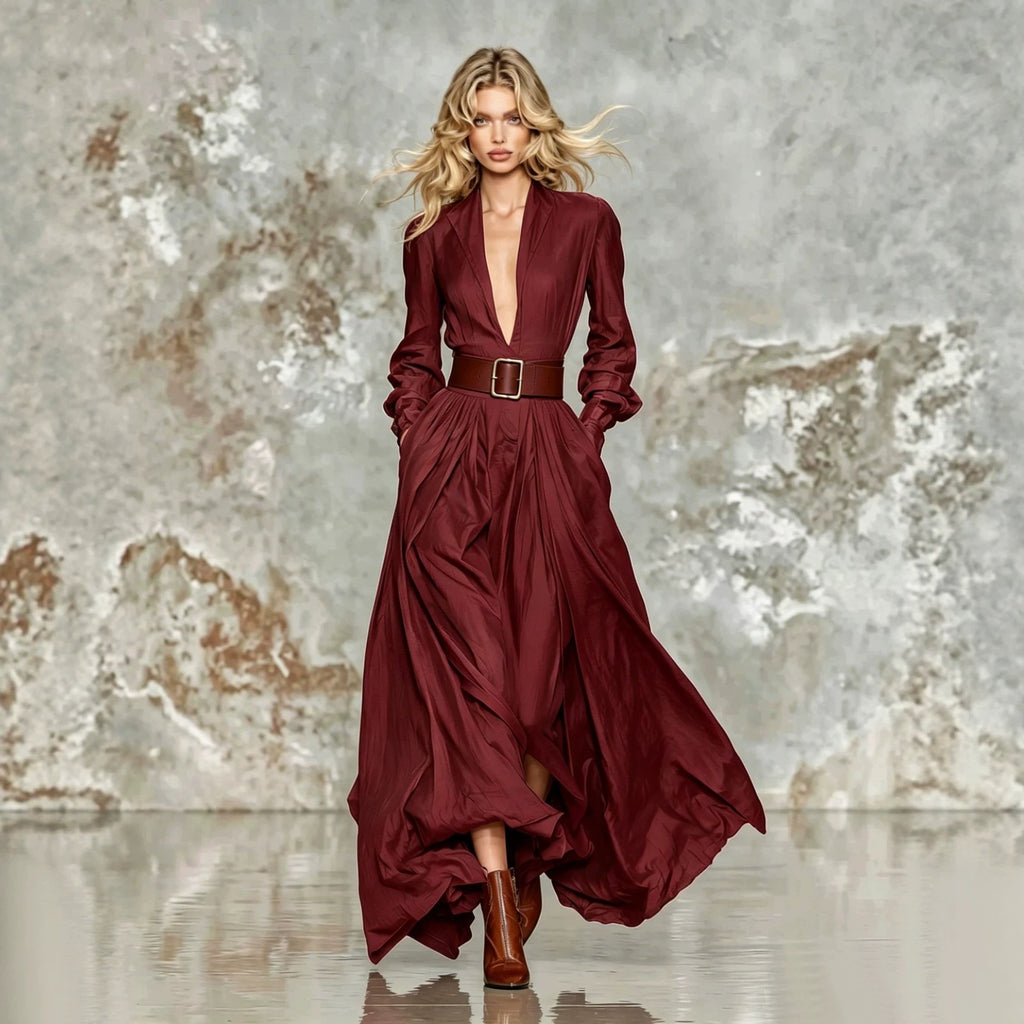 Maxi-Kleid «Aria» · Langarm, tailliert mit Gürtel