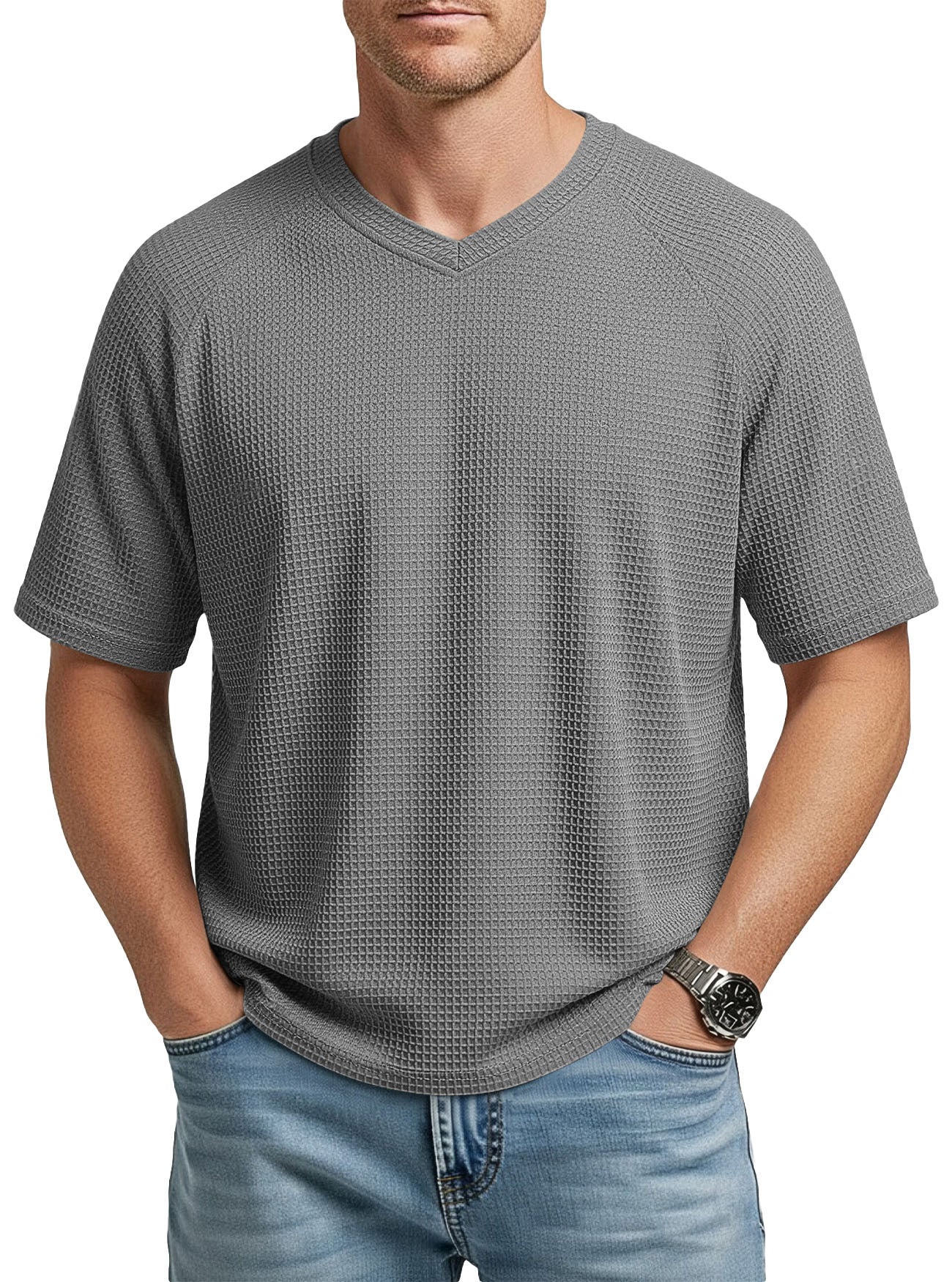 Herren V-Ausschnitt Raglan Waffelstrick T-Shirt