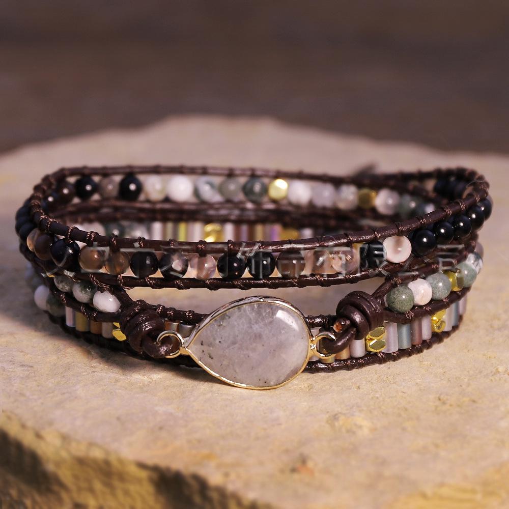 Handgewobenes Lederarmband mit Naturstein