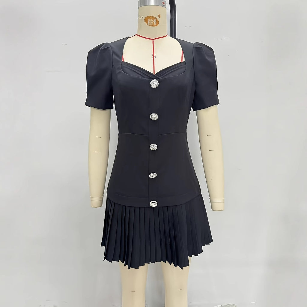 Elegantes Plissiertes V-Neck Kurzarm-Kleid