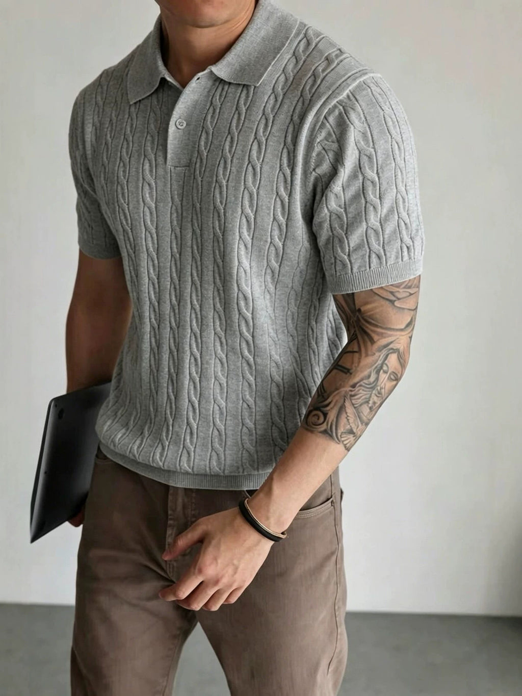 Polo-Shirt Herren Kurzarm Strick Zopfmuster