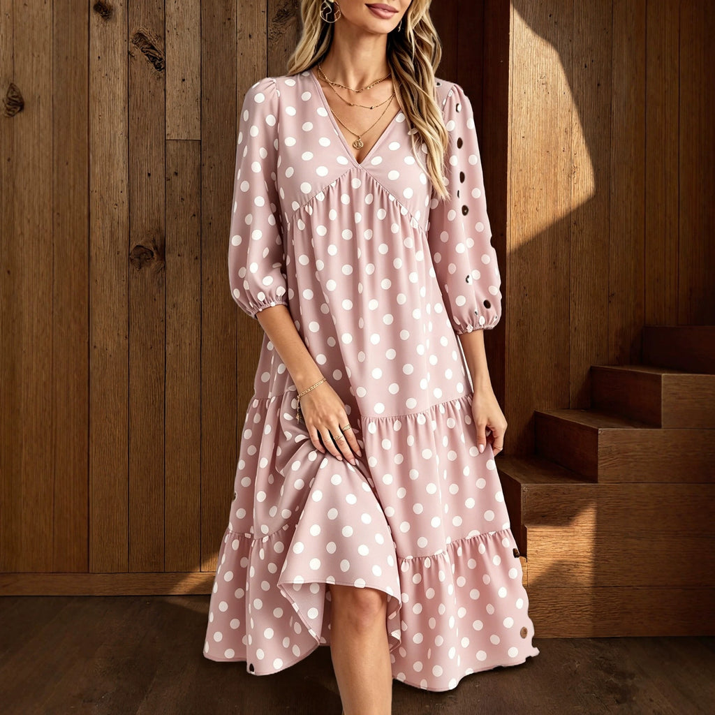 Gepunktetes V-Ausschnitt Freizeitkleid mit 3/4-Ärmeln – Bild 3 | LuxeStyle
