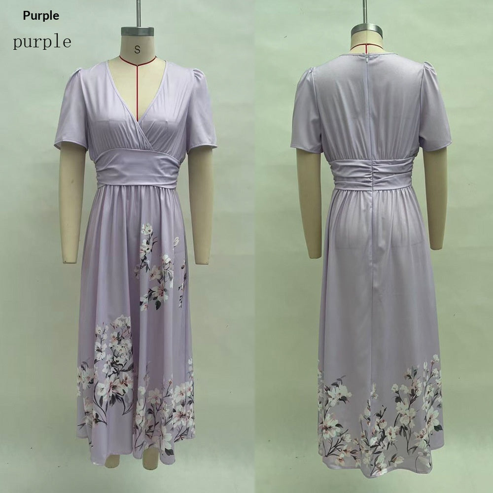 Lange Blumen-Kleid mit V-Hals