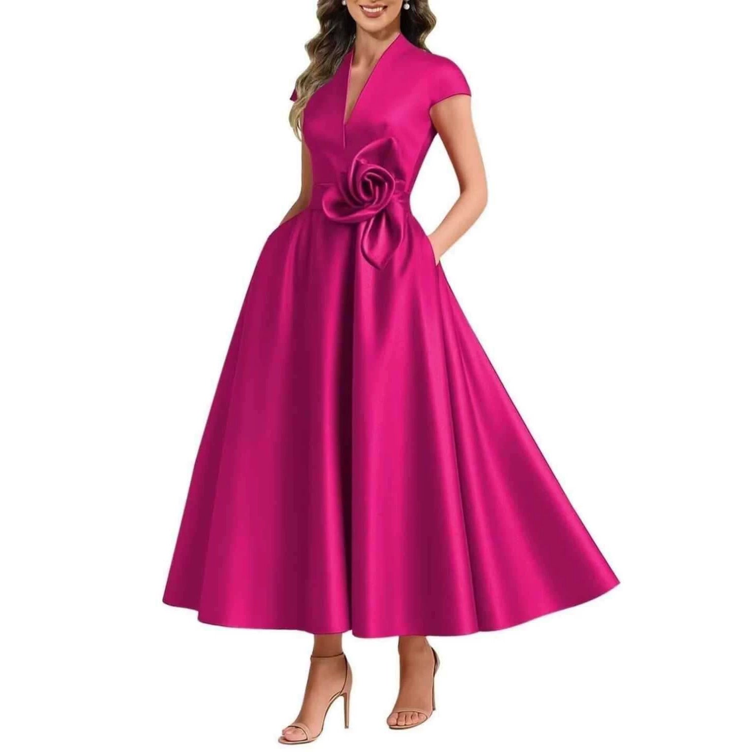 3D Blumen Damen-Satin-Kleid