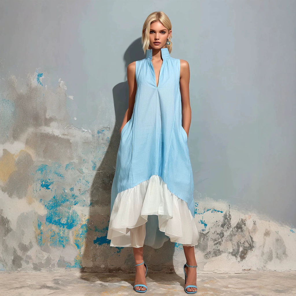 Color-Block V-Ausschnitt Volantkleid – Bild 6 | LuxeStyle