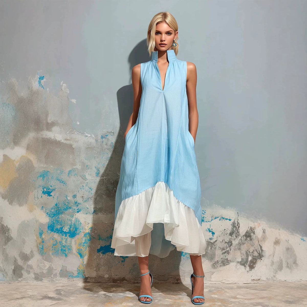 Color-Block V-Ausschnitt Volantkleid – Bild 6 | LuxeStyle