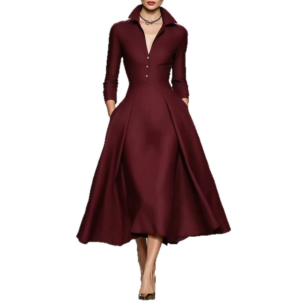 Tailliertes Langarm-Midikleid mit V-Ausschnitt