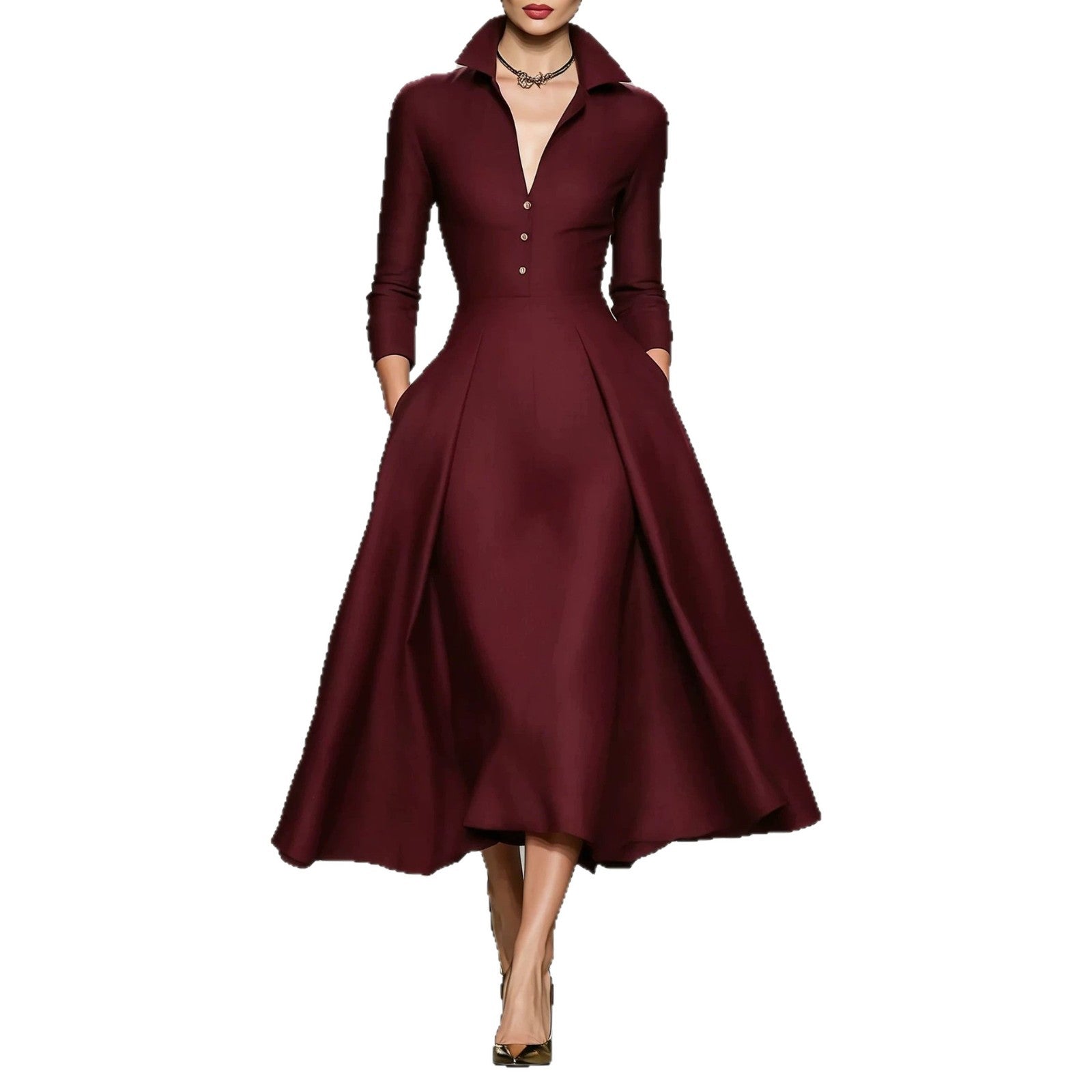 Tailliertes Langarm-Midikleid mit V-Ausschnitt