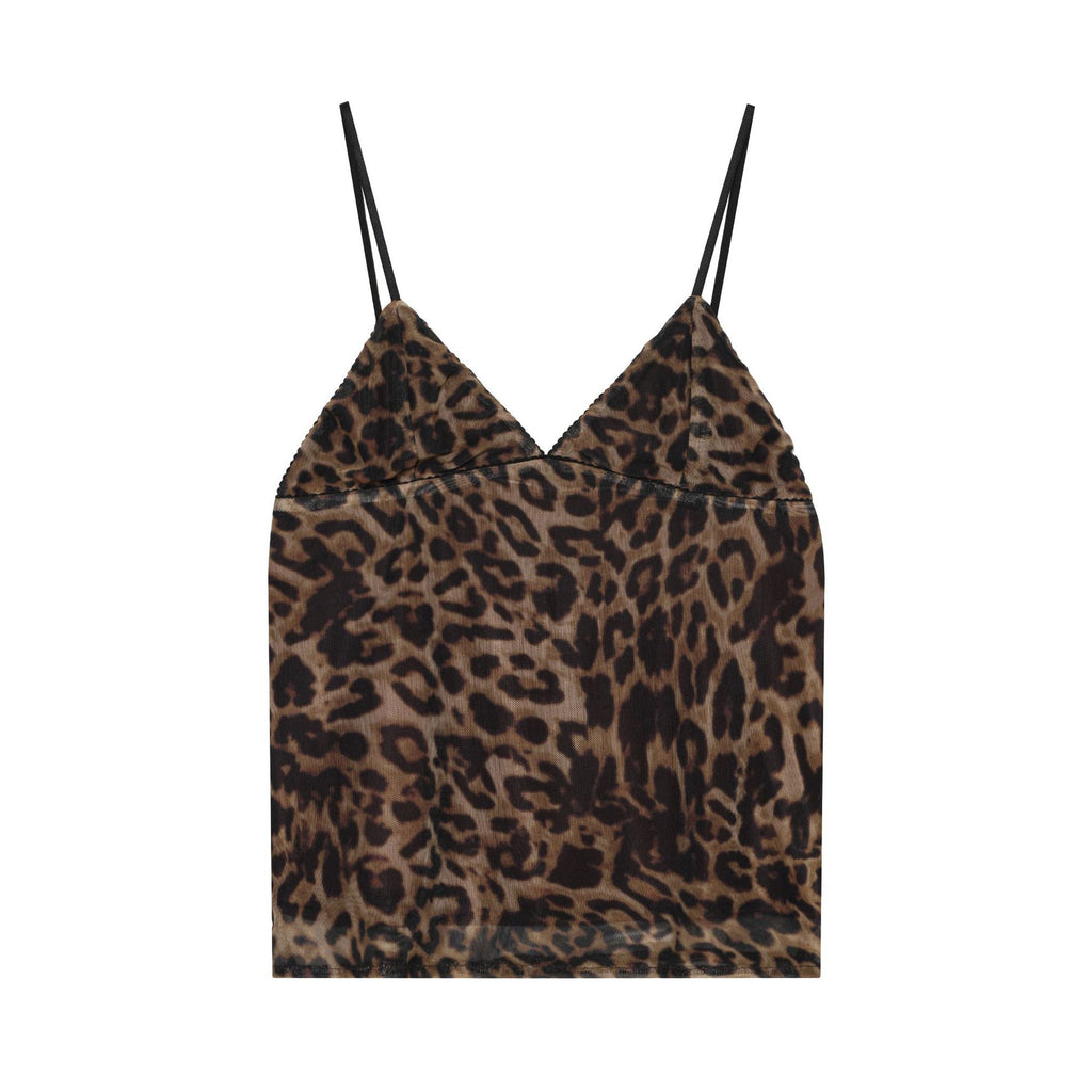 Leoparden-Print Seiden-Netz V-Neck Camisole