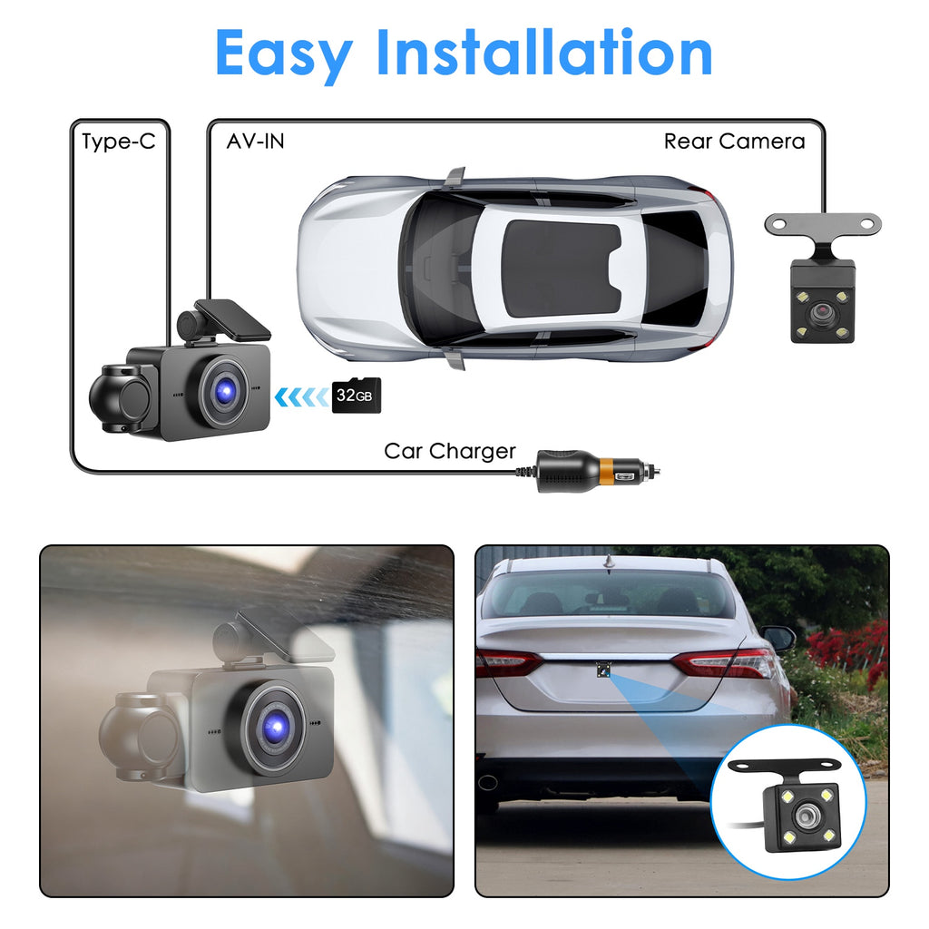 3-Kanal-Dashcam mit 1080p und Nachtsicht
