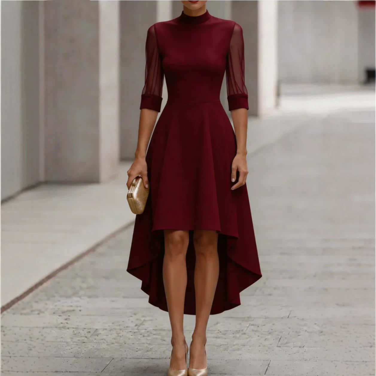 Midi-Kleid mit 3/4-Ärmeln und Mesh