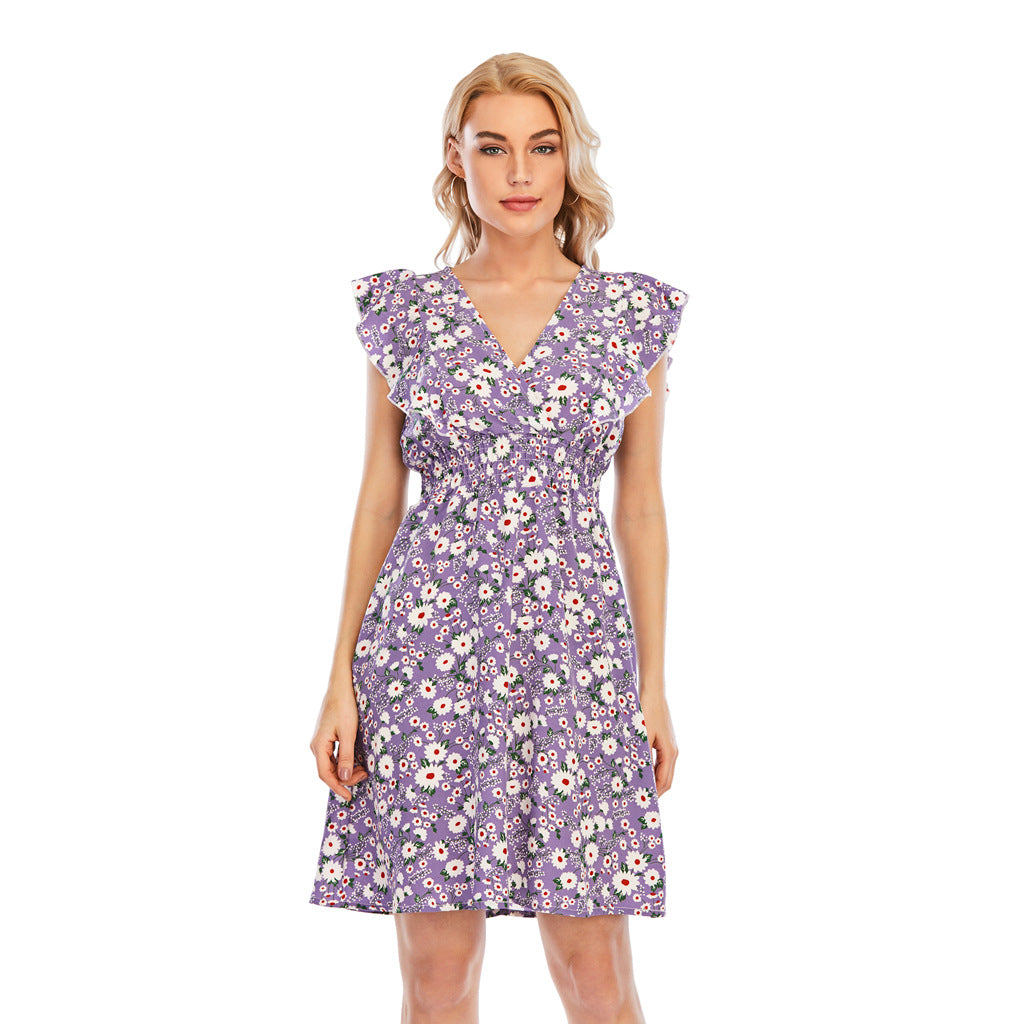 Ärmelloses Chiffonkleid mit V-Ausschnitt & Rüschen