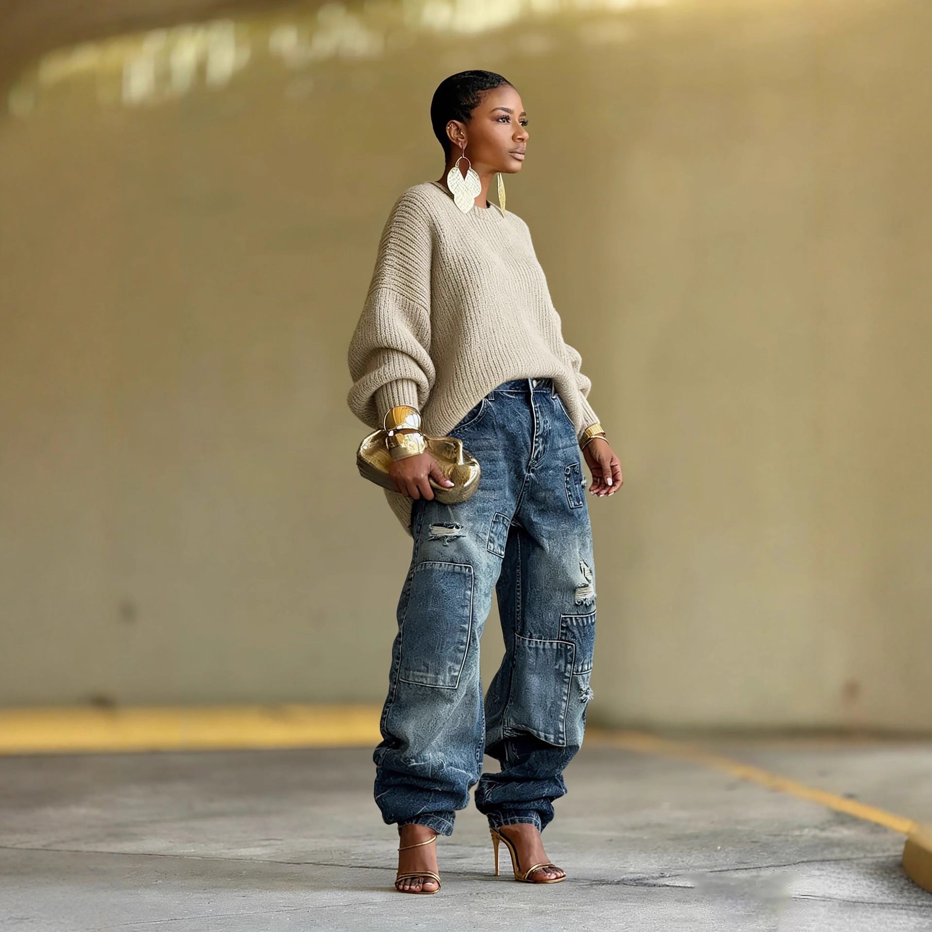 Distressed Patchwork Jeans im Street Style