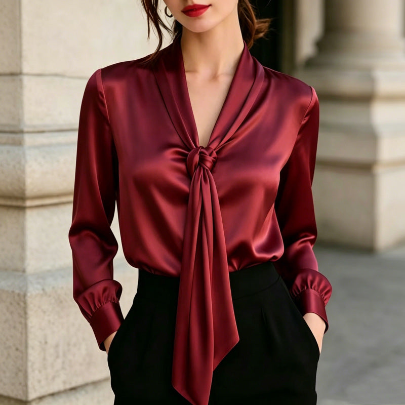 Satin V-Ausschnitt Langarm-Shirt mit Knoten