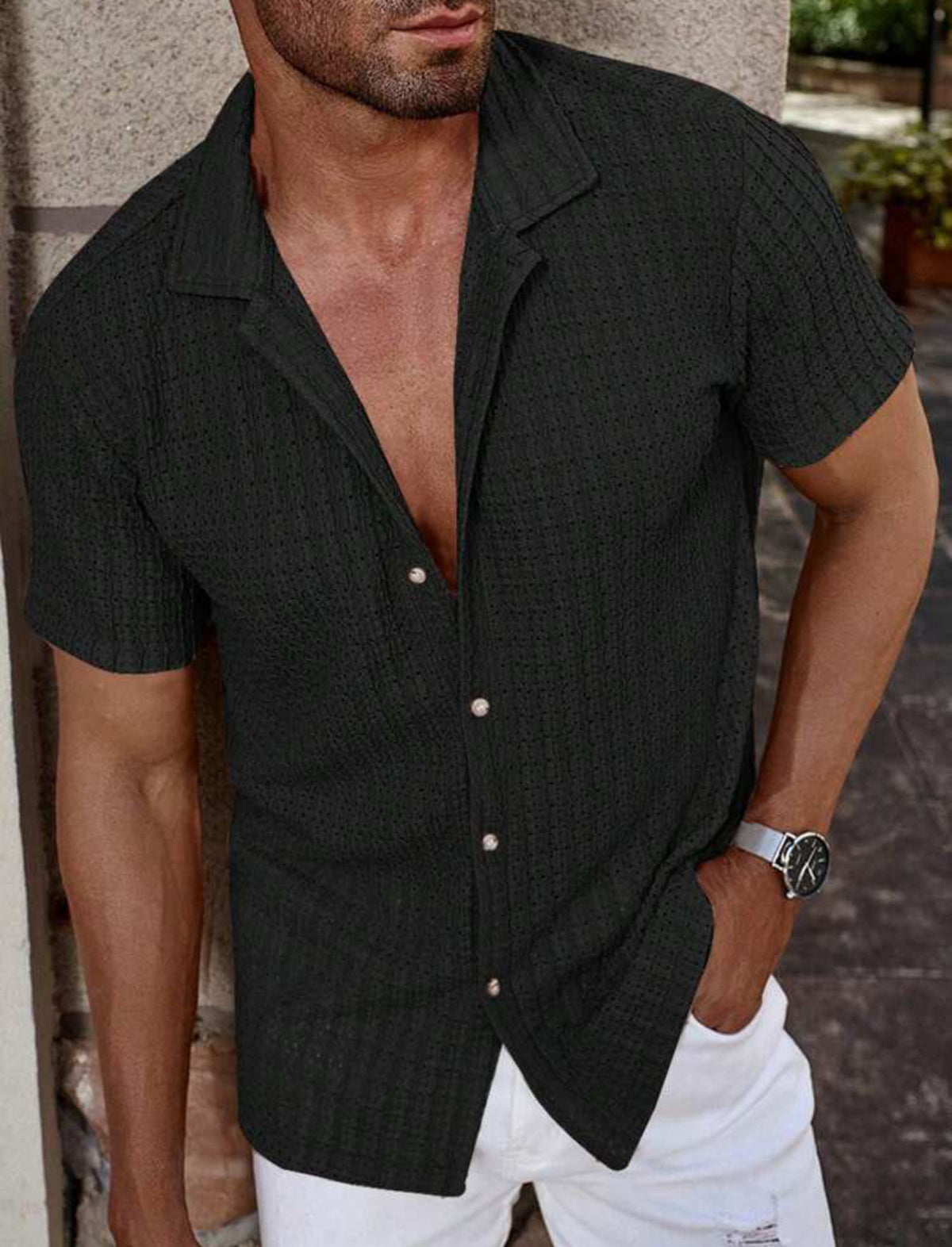 Schlanker Kurzarm-Waffel-Cardigan für Herren – Bild 3 | LuxeStyle
