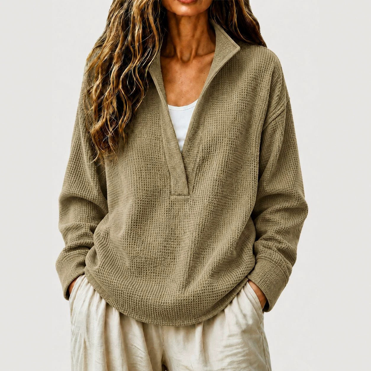 Waffelstrick V-Ausschnitt Langarm-Sweatshirt