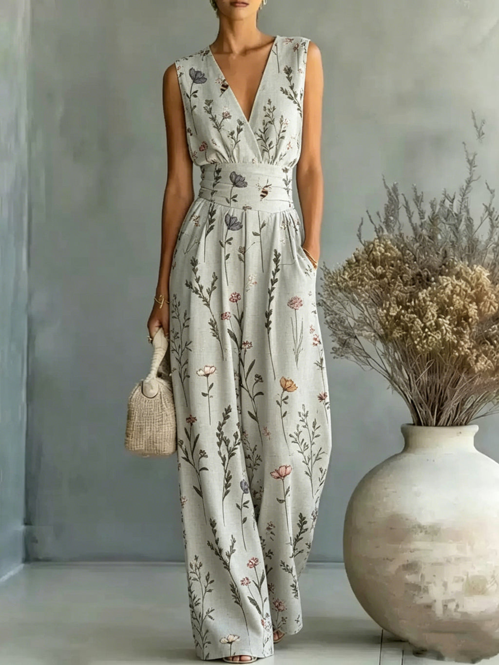 Ärmelloser Jumpsuit mit V-Ausschnitt und Print