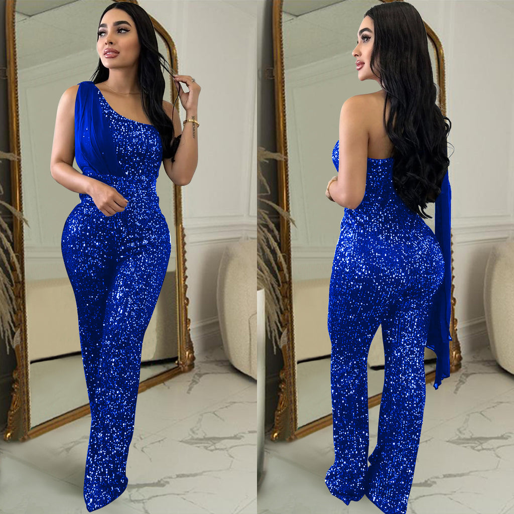 Eleganter Pailletten-Jumpsuit mit One-Shoulder