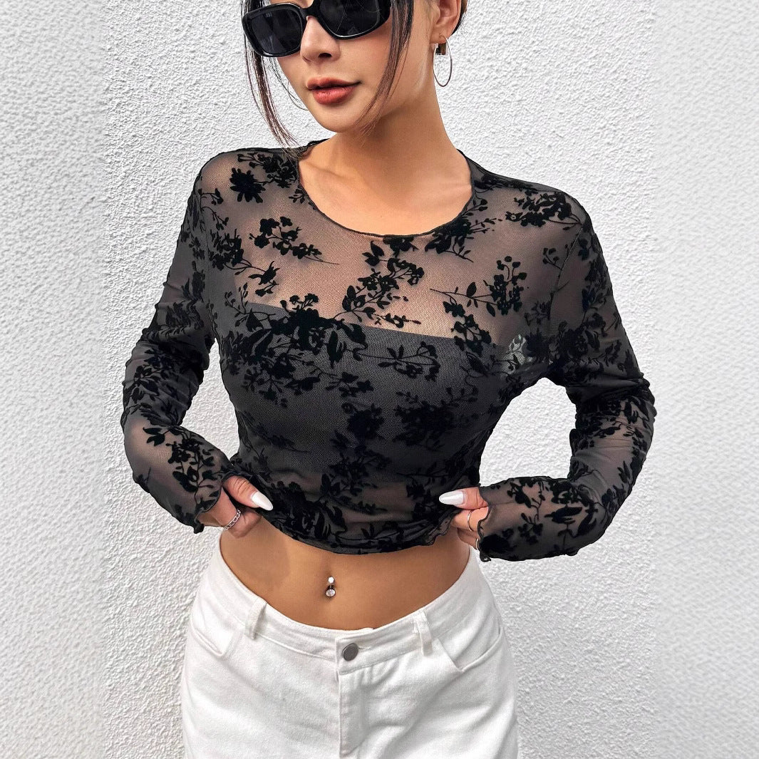 Damen Mesh Langarmshirt mit Rundhalsausschnitt | LuxeStyle