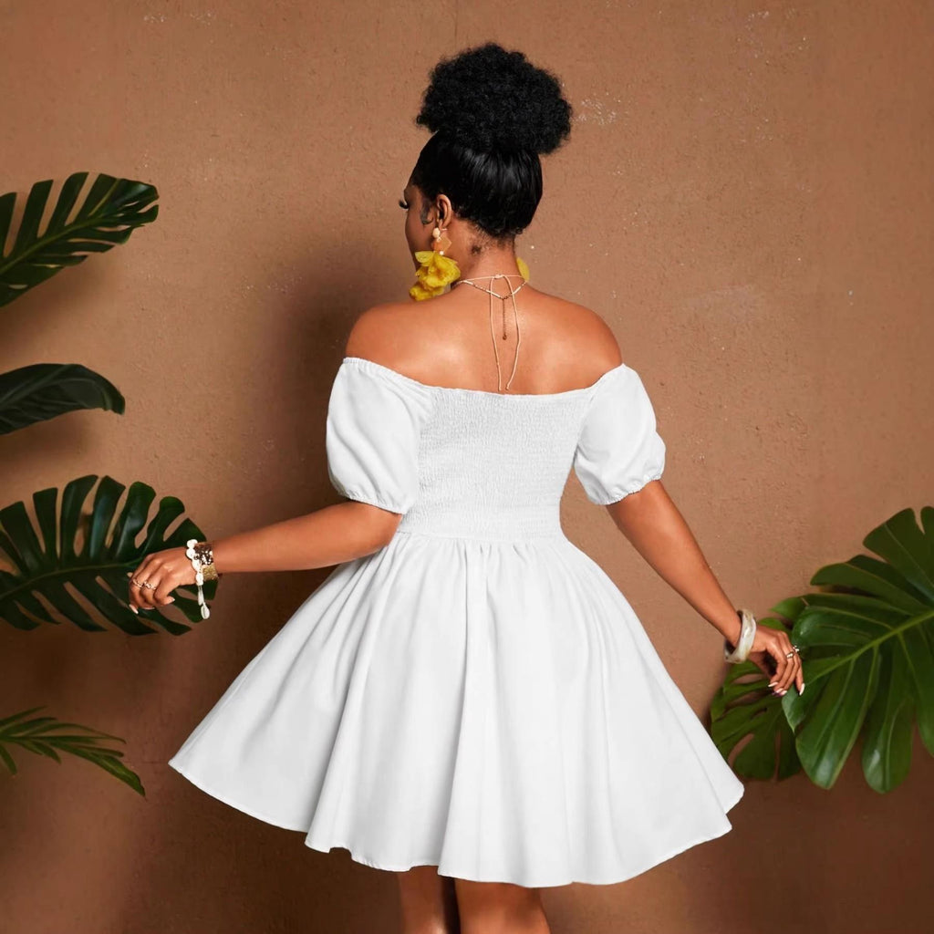 Damen Off-Shoulder Puffärmel Midikleid