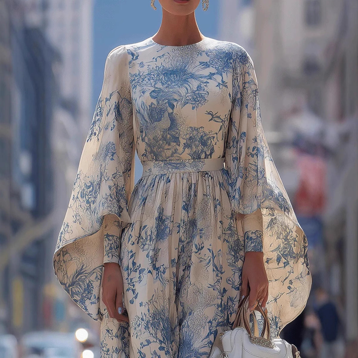 Figurbetontes langes Blumenkleid mit weiten Ärmeln – Bild 4 | LuxeStyle