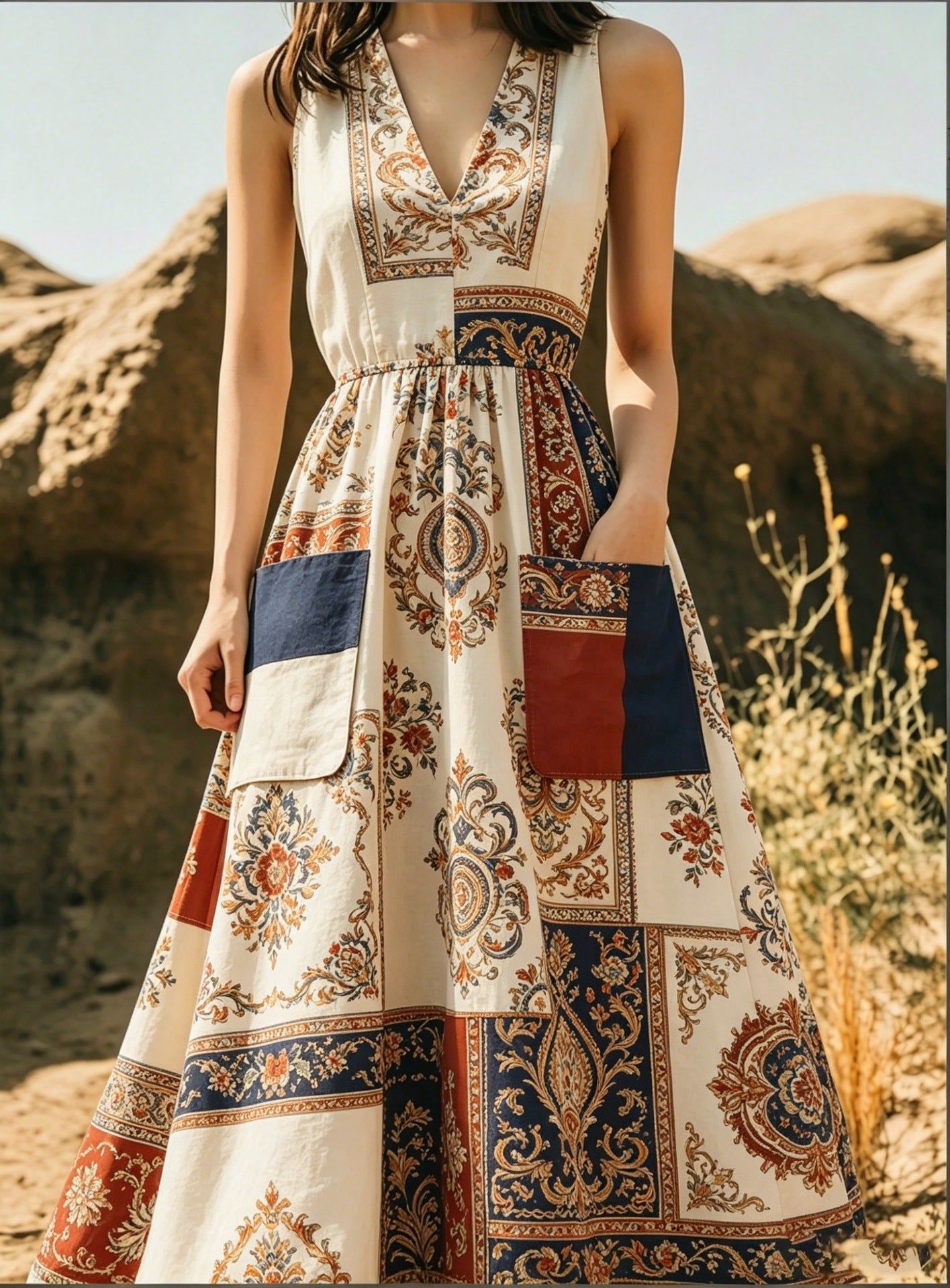 Figurbetontes A-Linien Maxikleid mit V-Ausschnitt