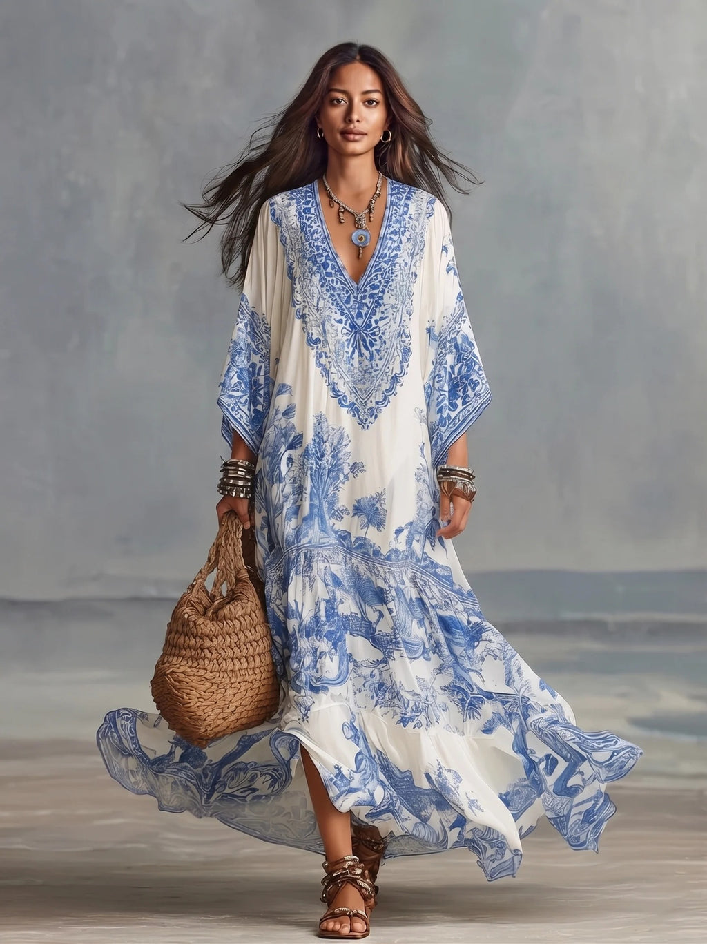 Boho Maxi-Kleid mit V-Ausschnitt und Fledermausärmeln