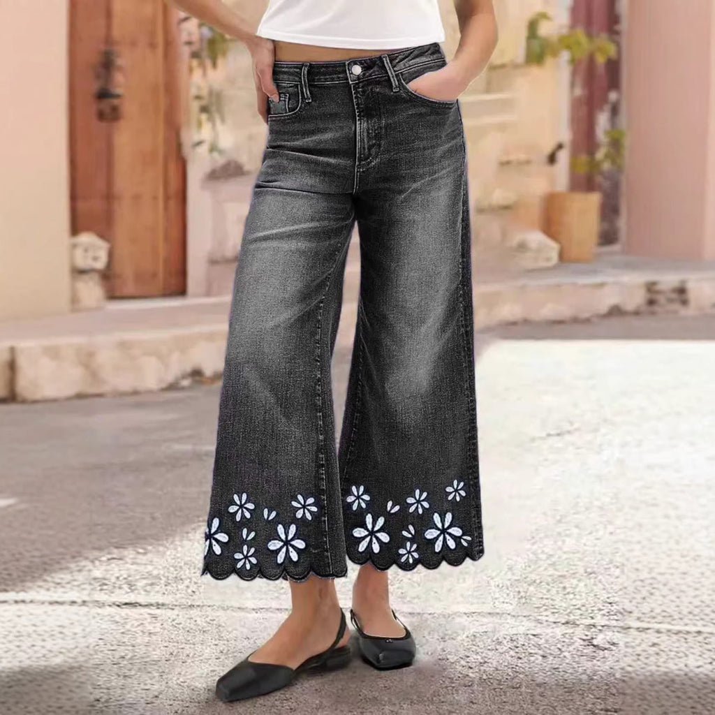 Chrysanthemen-Steppung Casual Stretch Damen Crop-Jeans