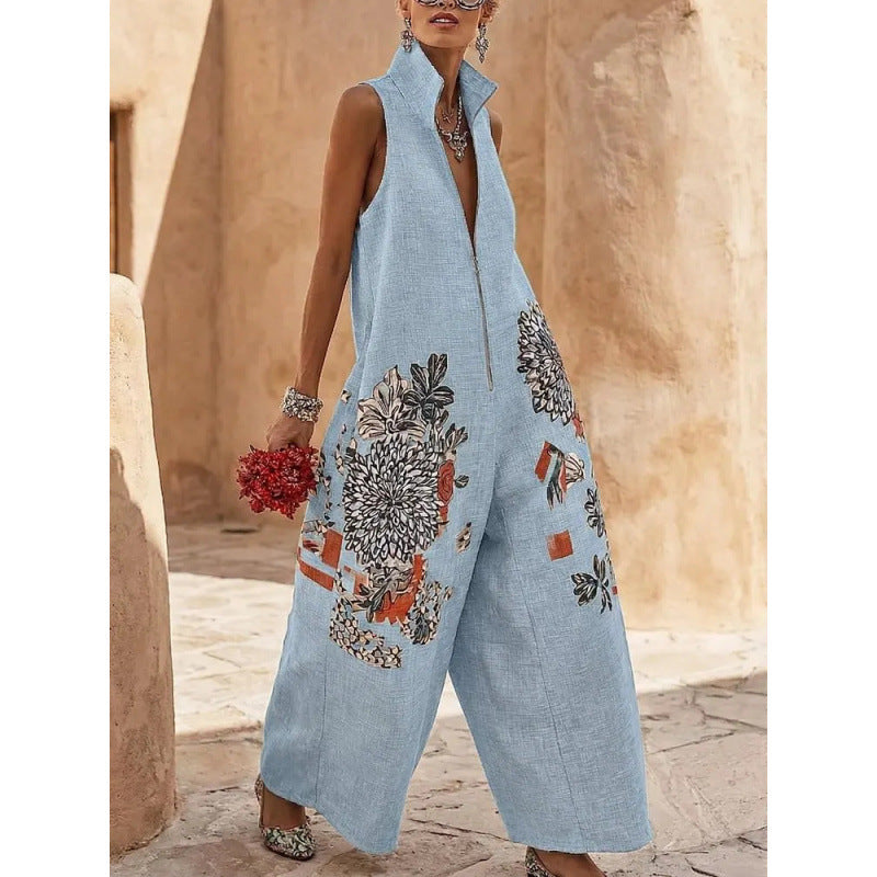 Ärmelloser Baumwoll-Leinen Jumpsuit mit Stehkragen