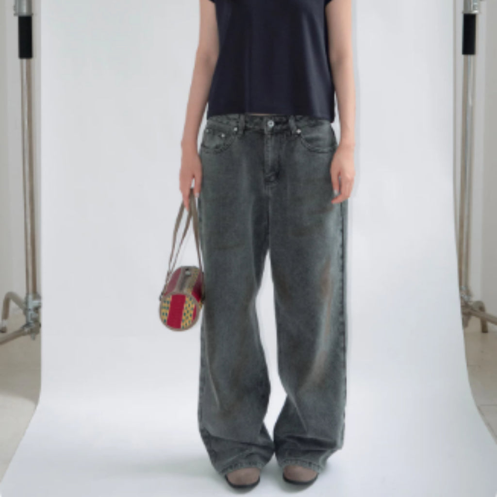 Smoke Grey Washed Denim Jeans Straight Tube