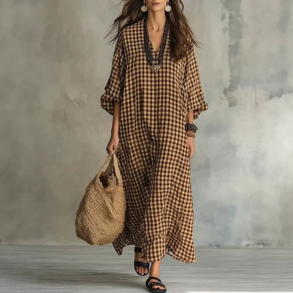 Retro Karo Leinenkleid für Damen